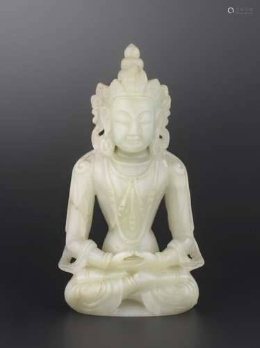 18th century A rare pale green jade figure of Amitayus