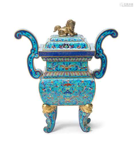 Red enamel Qianlong four-character mark and of the period An 'Imperial-tribute' painted enamel incense burner and cover, fangding