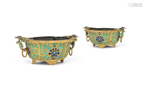 Qianlong  A pair of rare gilt-bronze and champlevé enamel flowerpots