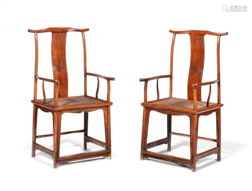 17th century A magnificent pair of huanghuali 'four corners exposed official's hat' armchairs, Sichutou guanmaoyi