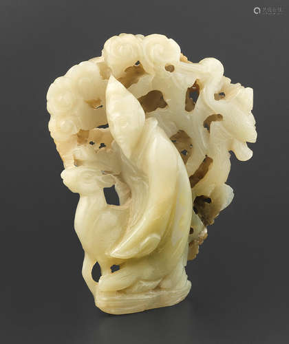 12th/13th century A rare pale green and russet jade carving of Shoulao, deer and crane