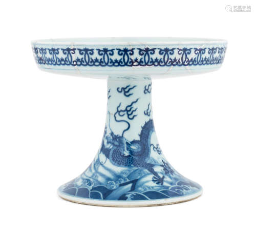 Qianlong seal mark in a line and of the period A rare blue and white 'five-clawed dragon' tazza