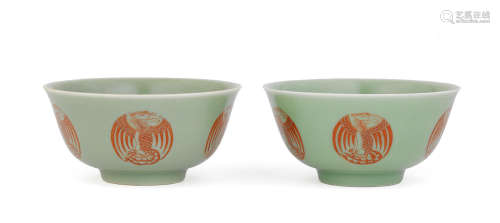 Daoguang seal marks and of the period A pair of celadon-ground iron-red 'phoenix' bowls