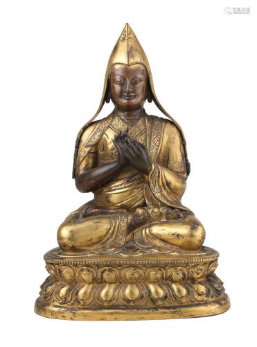 18th century A gilt-copper repoussé figure of Tsongkhapa