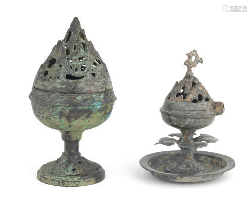 Han Dynasty  Two archaic bronze 'hill' incense burners, Boshanlu
