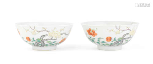 Shendetang four-character marks, Daoguang A rare pair of polychrome enamel 'prunus' bowls