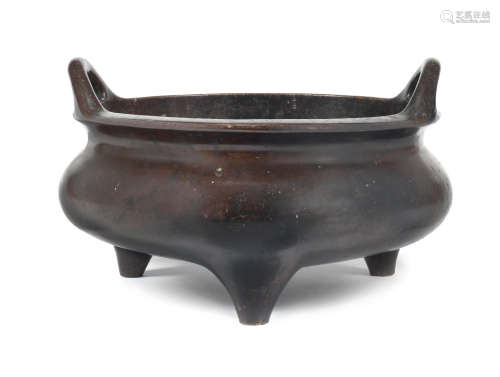 Cast Qianlong six-character mark and of the period A rare and large bronze incense burner, ding