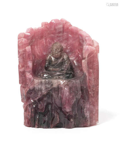 Qing Dynasty A rare tourmaline carving of Buddha in a grotto