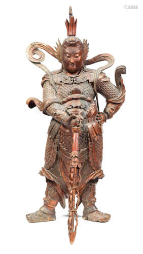 Qing Dynasty A large gilt-lacquered wood figure of a guardian deity