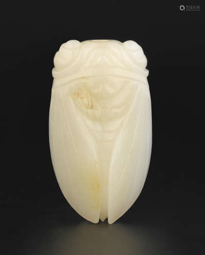 A white and russet jade 'cicada' snuff bottle