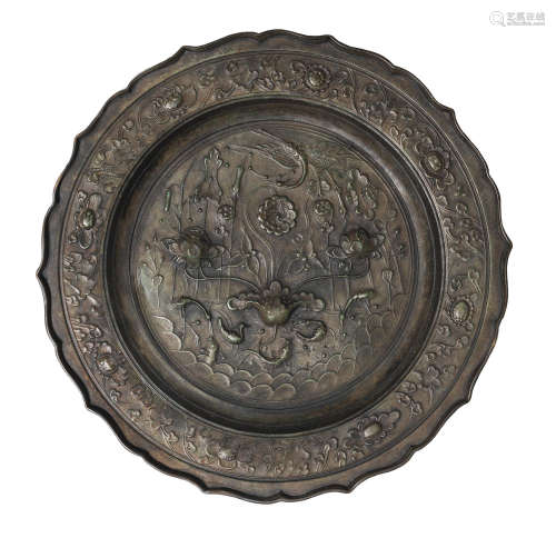 Cast Zhongji Yangshi Zhizao six-character mark, 12th/13th century A rare bronze 'lotus pond' barbed-rim basin