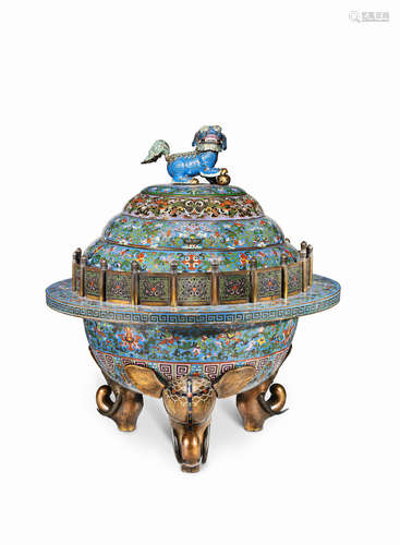 Mid-Qing Dynasty A very rare monumental champlevé enamel incense burner and cover, lu