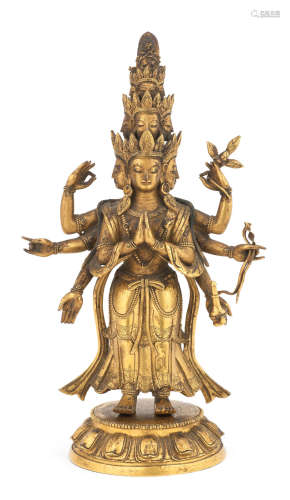 18th century A gilt-bronze figure of eleven-headed Avalokiteshvara