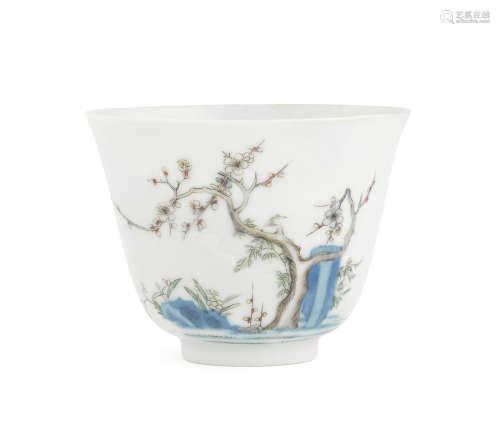 Kangxi six-character mark and of the period A rare wucai 'prunus tree' month cup