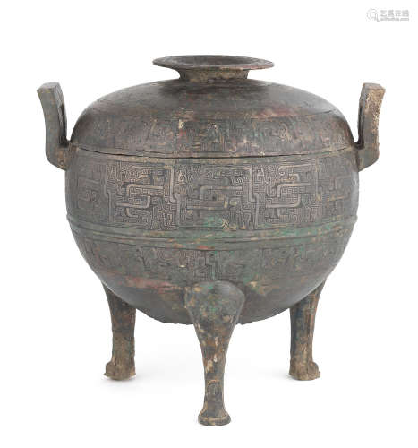 Warring States  An archaic bronze ritual food vessel and cover, ding