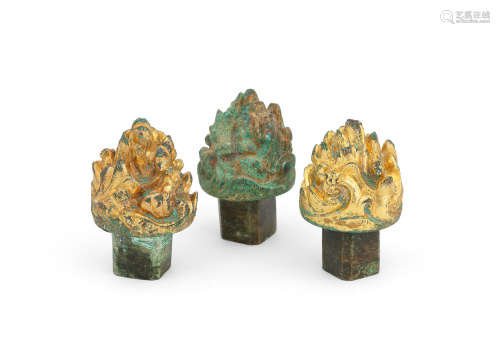 Han Dynasty Three rare archaic bronze 'mountain' musical turners
