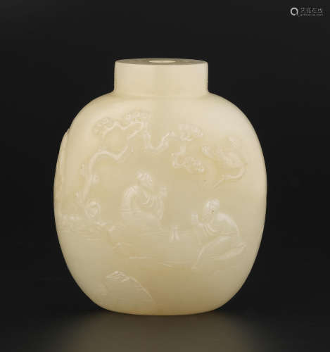 A pale green jade 'sages' snuff bottle