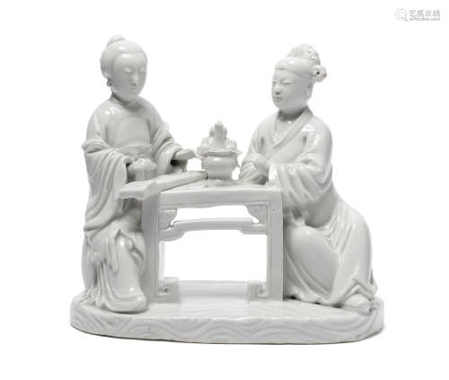 18th century A rare blanc-de-chine group of a seated scholar and lady