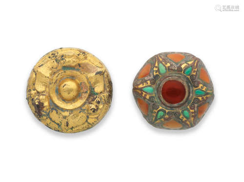 Eastern Zhou Dynasty A gilt-bronze and a gold, silver and precious-stone-inlaid music turners