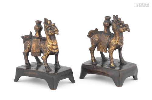 Ming Dynasty A rare pair of gilt-bronze 'qilin' joss stick holders