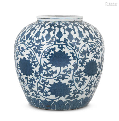 Jiajing six-character mark and of the period A massive blue and white 'lotus' jar, guan