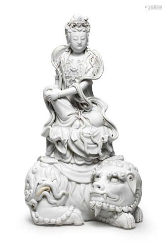 Impressed double-gourd seal of Dehua and two seals of Xu Yunlin, late Qing Dynasty A large blanc-de-Chine figure of Guanyin on a Buddhist lion