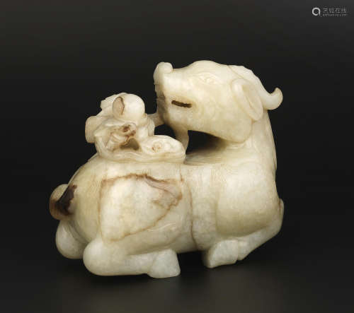 17th/18th century A fine pale green and russet jade carving of a qilin