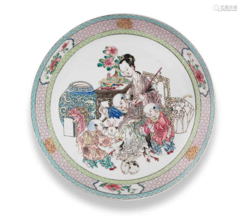 Yongzheng A famille rose ruby-back 'lady and boys' saucer dish