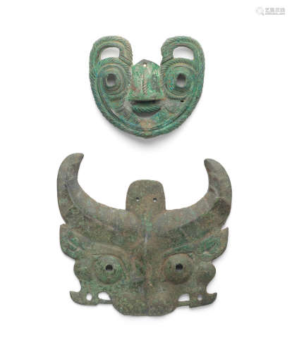 Late Shang and Western Zhou Dynasties Two archaic bronze 'taotie' masks