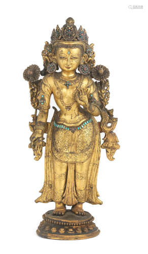 Nepal, 16th/17th century  A large gilt-copper repoussé figure of Tara