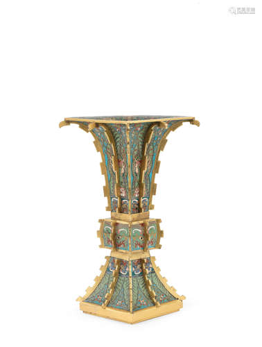 Qianlong A very fine archaistic cloisonné enamel and gilt-bronze vase, fang gu