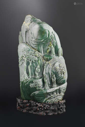 19th century A large spinach-green jade mountain