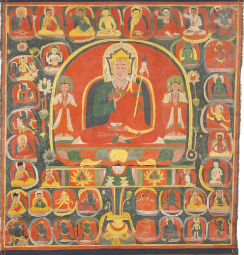 Tibet, 14th/15th century  A rare thangka of Padmasambhava