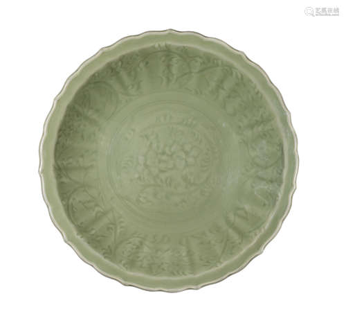 14th/15th century A Longquan celadon-glazed 'lotus scroll' barbed-rim dish