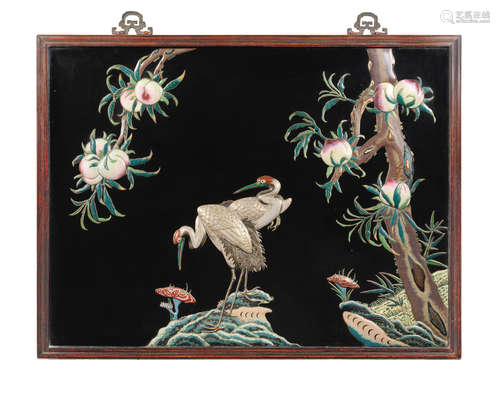 Late Qing Dynasty A large cloisonné enamel and black lacquer rectangular panel