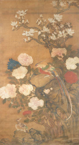 18th century A large painting of pheasant and flowers