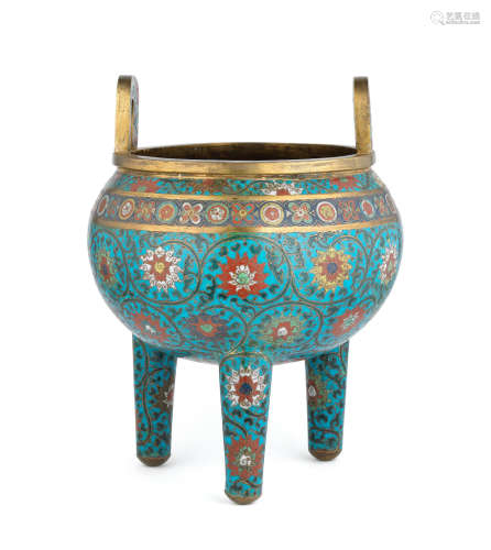 17th century  A rare cloisonné enamel tripod incense burner, ding