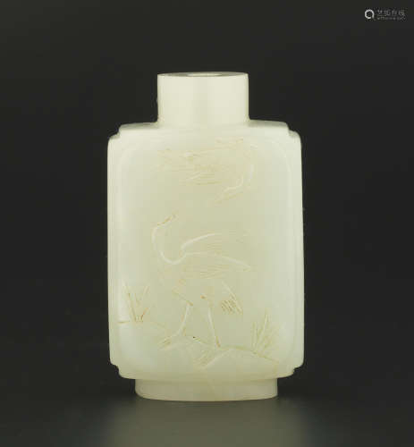 A white jade 'cranes' snuff bottle