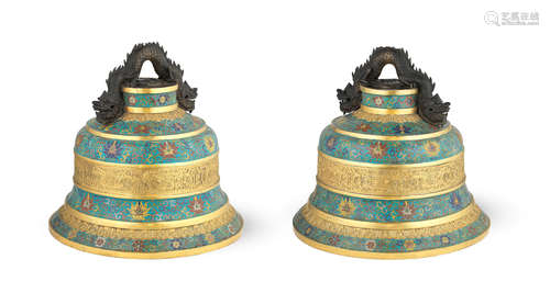 Qianlong A pair of large cloisonné enamel and gilt-bronze 'bells'