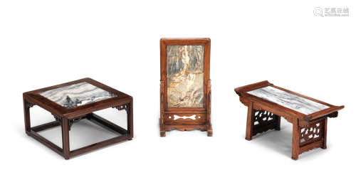 Qing Dynasty Three small huanghuali and marble-inset miniature furniture