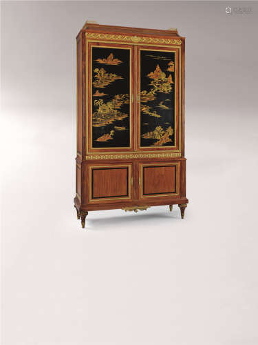 约1880年 珍罕的法国桃花心木中国漆画沙龙柜
