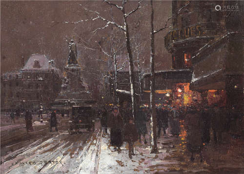 爱德华·莱昂·科尔特斯（1882～1969） 雪夜后的巴黎共和广场 布面油画