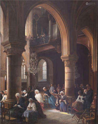 费利克斯·伊曼纽尔·菲利普克斯（1815～1884） 圣塞卫利的礼拜 布面油画