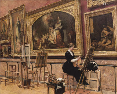 路易斯·贝鲁（1852～1930） 卢浮宫写生的女画家 布面油画