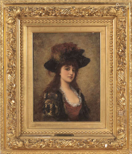 埃米尔·艾斯曼-赛门罗夫斯基（1857～1911） 戴羽毛帽子的年轻美人 木板油画