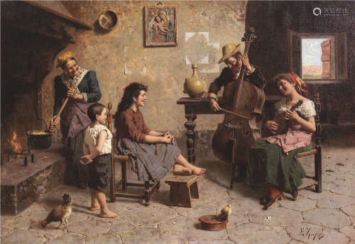 恩赫尼奥·赞皮吉（1859～1944） 在厨房里演奏的音乐家们 布面油画