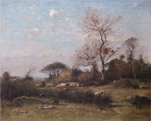 杰佩·刘易斯·艾美（1840～1916） 牧羊女和羊群 布面油画