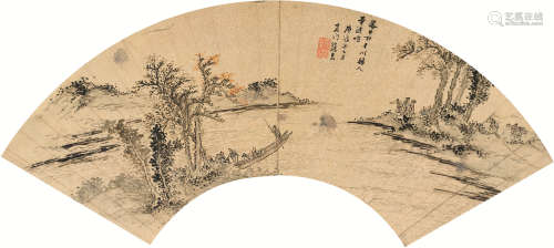 张宏（1577～1652） 1640年作 渡江图 镜片 设色金笺