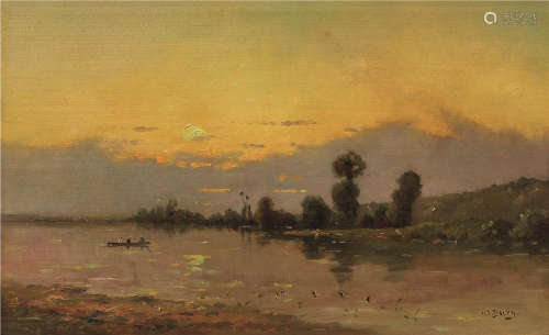 伊波利·卡米尔·德尔佩（1842～1910） 河边日落景色 木板油画