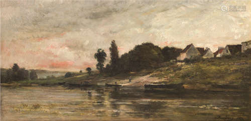 杜比尼·查理·法兰斯瓦（1817～1878） 瓦兹河畔晚霞景色 布面油画